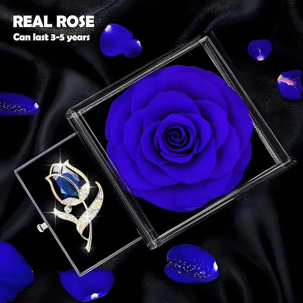 Preserved Rose Gift Enchanted Real Blue Rose with Sapphire Brooch, Eternal Flower Rose, Handmade Rose in Box with Pin, Forever Blue Rose Gift for Her on Mother'S Day, Birthday. - Creatique