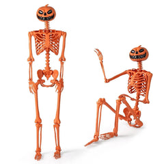 5.2 FT Poseable Halloween Skeleton Life-Size Decoration with Pumpkin Head Orange - Creatique