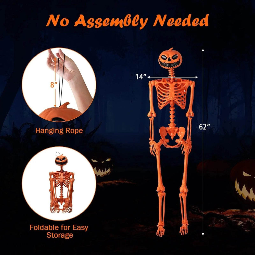 5.2 FT Poseable Halloween Skeleton Life-Size Decoration with Pumpkin Head Orange - Creatique
