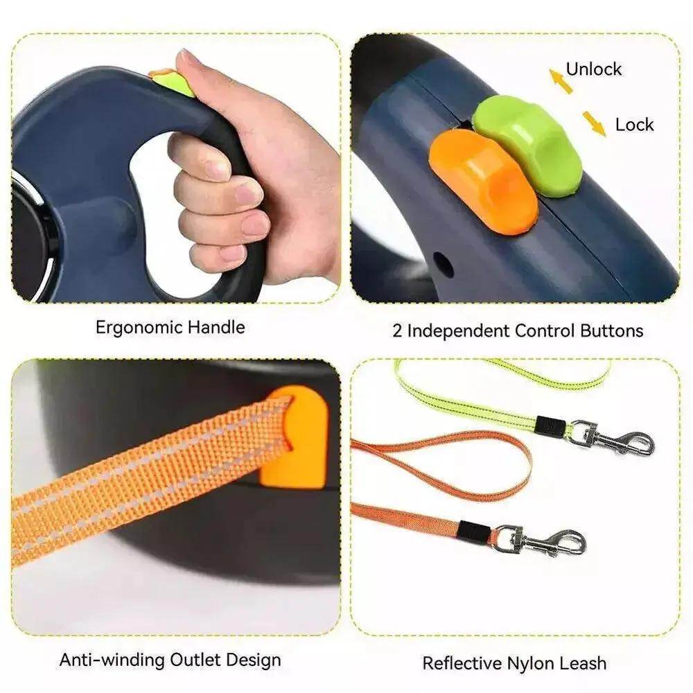 Dual Pet Leash Retractable Reflective Lead 360 Swivel Double Dog Walking Leash - Creatique