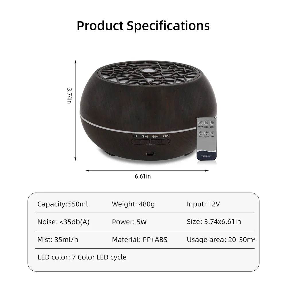Transform Your Space: Smart 550ml Essential Oil Diffuser with Soundwave Technology, Remote Control, 7 LED Colors & Auto Timer for Ultimate Home Aromatherapy - Creatique