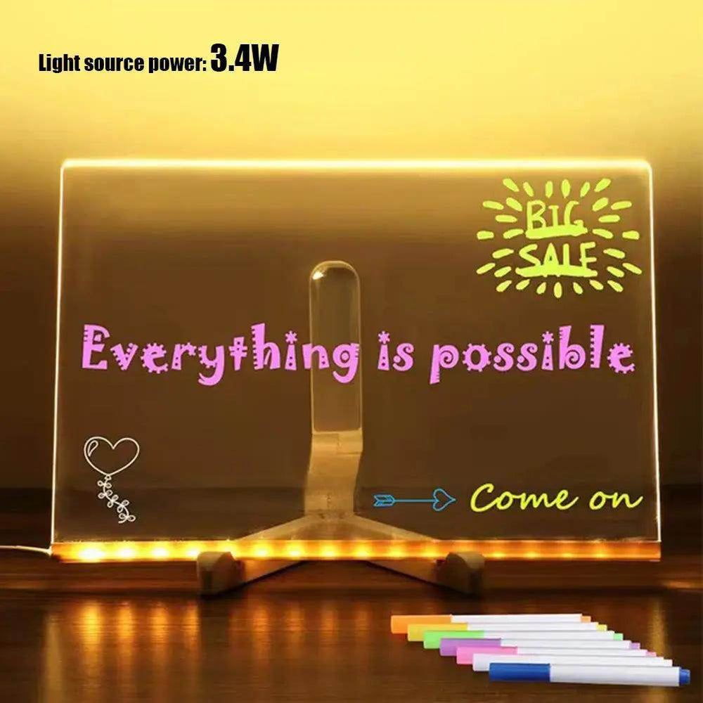 Light up Acrylic Message Board Rewritable DIY Children'S Glowing Drawing Board Message Lamp with 7 Colorful Pens - Creatique