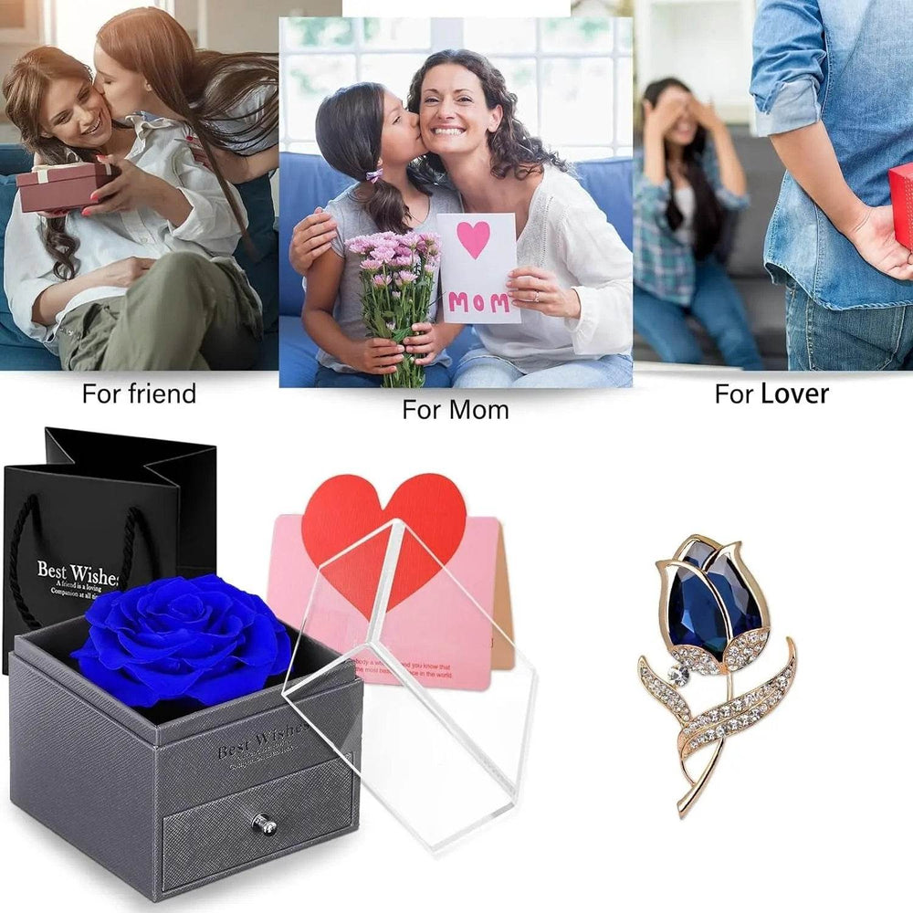 Preserved Rose Gift Enchanted Real Blue Rose with Sapphire Brooch, Eternal Flower Rose, Handmade Rose in Box with Pin, Forever Blue Rose Gift for Her on Mother'S Day, Birthday. - Creatique