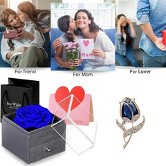 Preserved Rose Gift Enchanted Real Blue Rose with Sapphire Brooch, Eternal Flower Rose, Handmade Rose in Box with Pin, Forever Blue Rose Gift for Her on Mother'S Day, Birthday. - Creatique