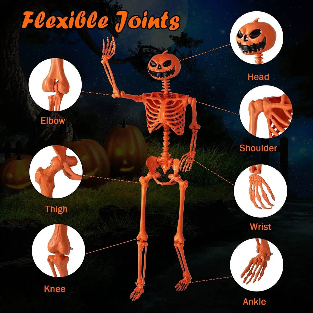 5.2 FT Poseable Halloween Skeleton Life-Size Decoration with Pumpkin Head Orange - Creatique