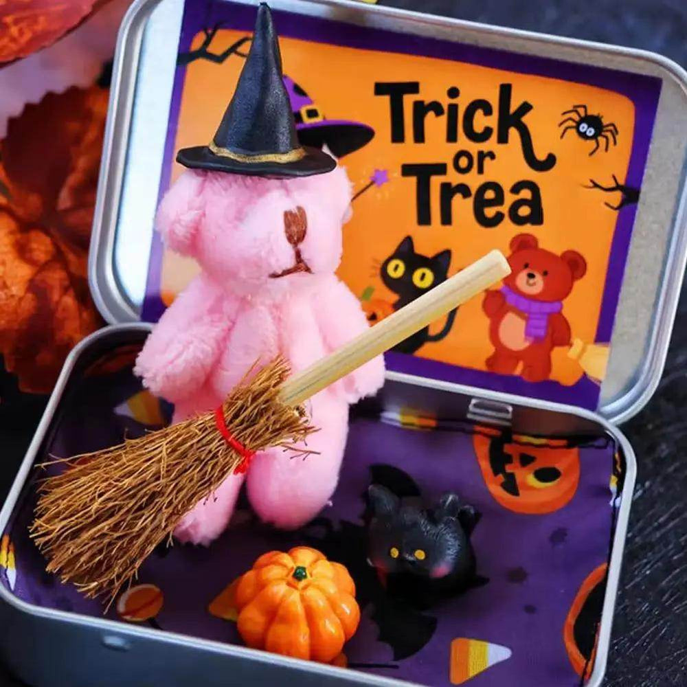 Halloween Bear in a Box for Trick or Treat,Cute Halloween Decoration for Kids, Plush Mini Teddy Bear Gift with Wizard Hat - Creatique