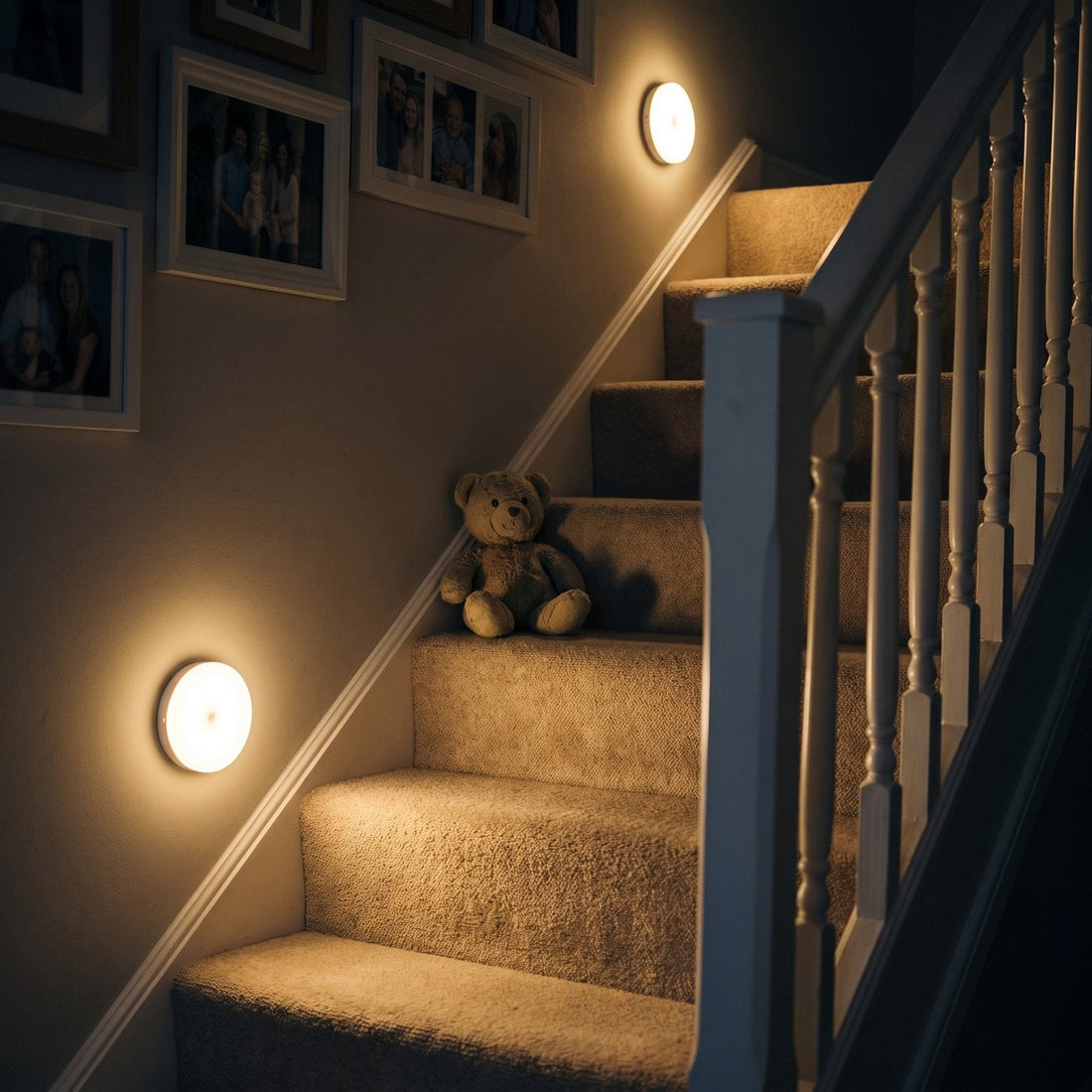 Motion-sensor lights at the top and bottom of a staircase at night