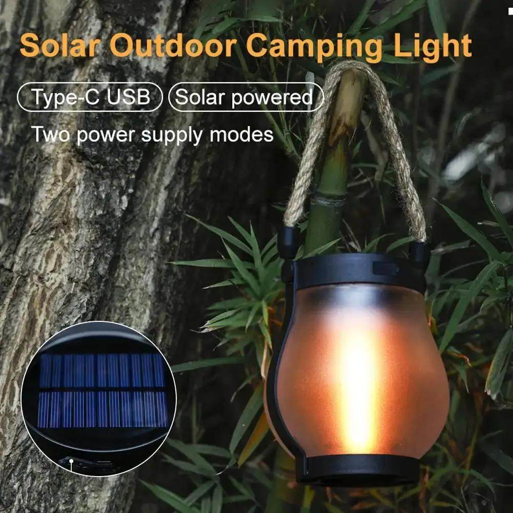 Solar Flame Lamp Rechargeable Hanging Courtyard Decoration Garden Lantern Lighting Lamp with Hemp Rope Outdoor Camping Lamp - Creatique
