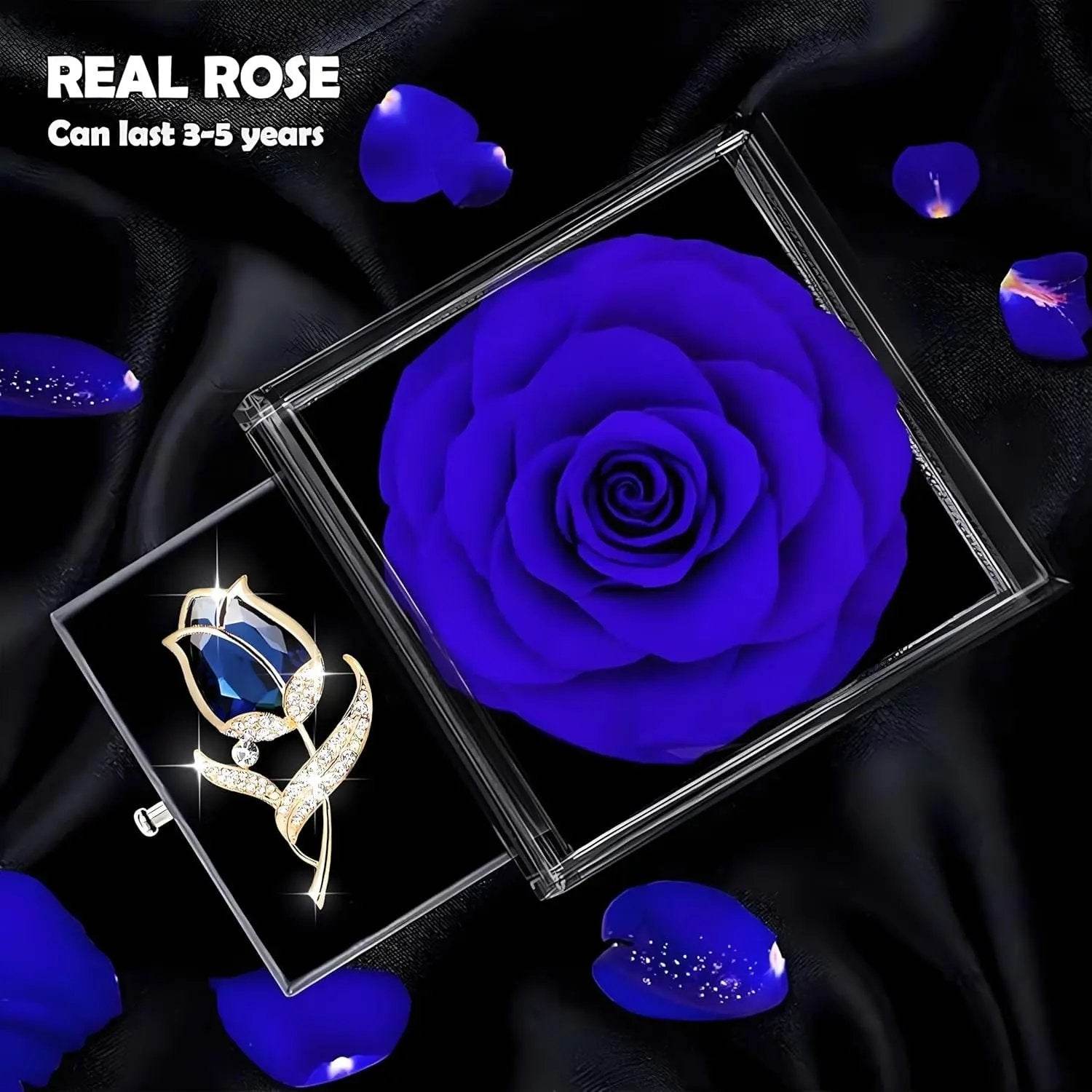 Preserved Rose Gift Enchanted Real Blue Rose with Sapphire Brooch, Eternal Flower Rose, Handmade Rose in Box with Pin, Forever Blue Rose Gift for Her on Mother'S Day, Birthday. - Creatique