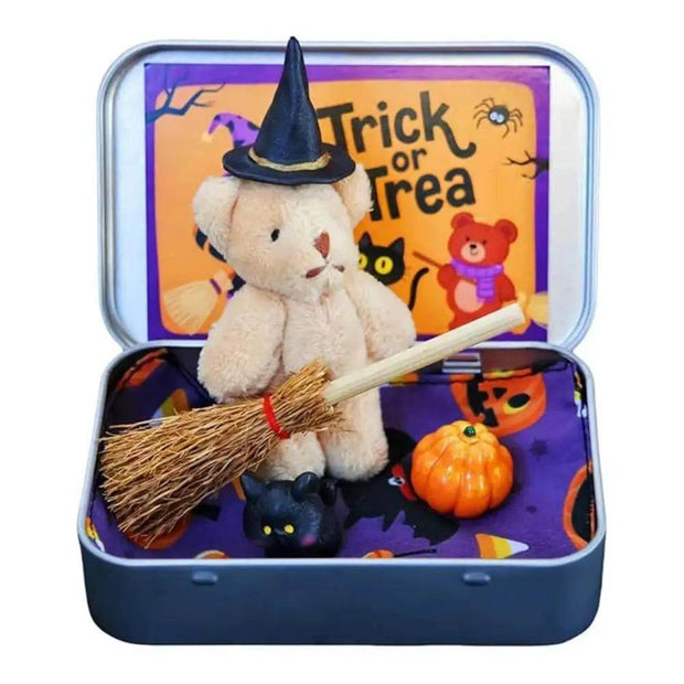 Halloween Bear in a Box for Trick or Treat,Cute Halloween Decoration for Kids, Plush Mini Teddy Bear Gift with Wizard Hat - Creatique