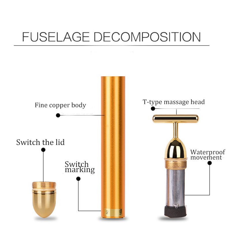 Waterproof 24K gold facial massager demonstrating use on face and neck