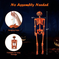5.2 FT Poseable Halloween Skeleton Life-Size Decoration with Pumpkin Head Orange - Creatique