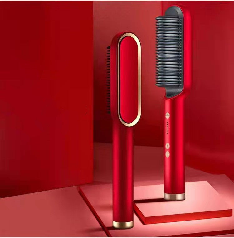 Electric straightening comb showing ceramic heating plates and anti-scald design