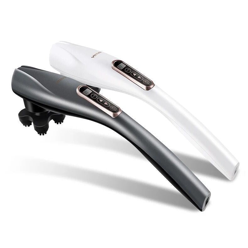 Full body electric massager showing use on legs arms and back muscles