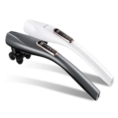 Full body electric massager showing use on legs arms and back muscles