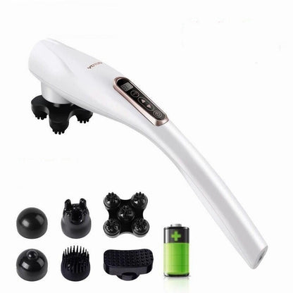 Portable body massager demonstrating ergonomic handle and multiple massage heads