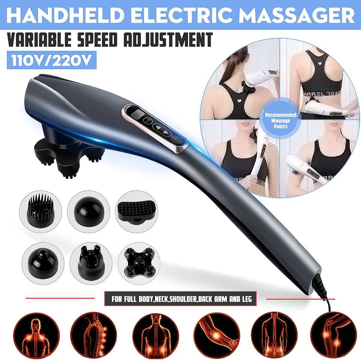 Handheld body massager showing 6 rotating massage heads for full body therapy