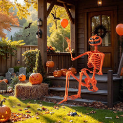 5.2 FT Poseable Halloween Skeleton Life-Size Decoration with Pumpkin Head Orange - Creatique