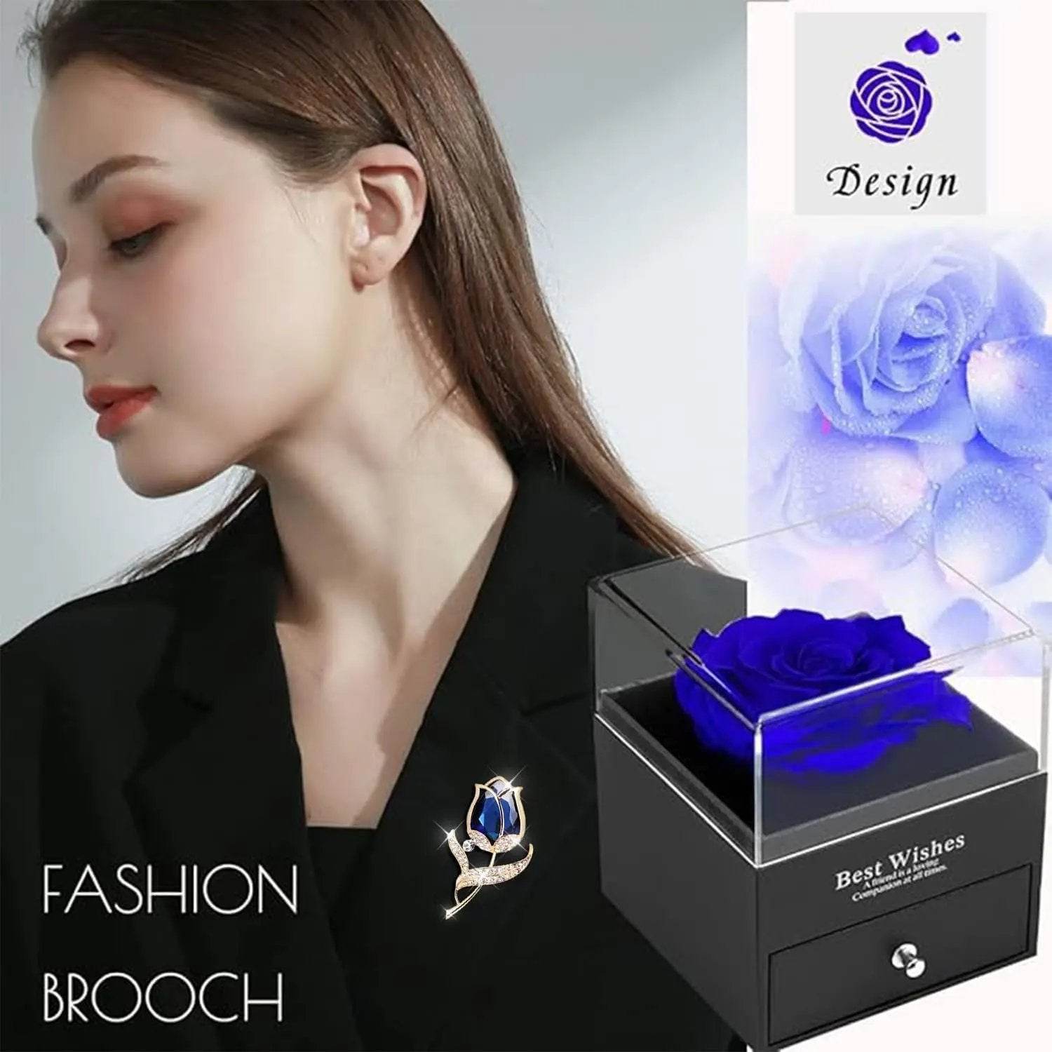 Preserved Rose Gift Enchanted Real Blue Rose with Sapphire Brooch, Eternal Flower Rose, Handmade Rose in Box with Pin, Forever Blue Rose Gift for Her on Mother'S Day, Birthday. - Creatique