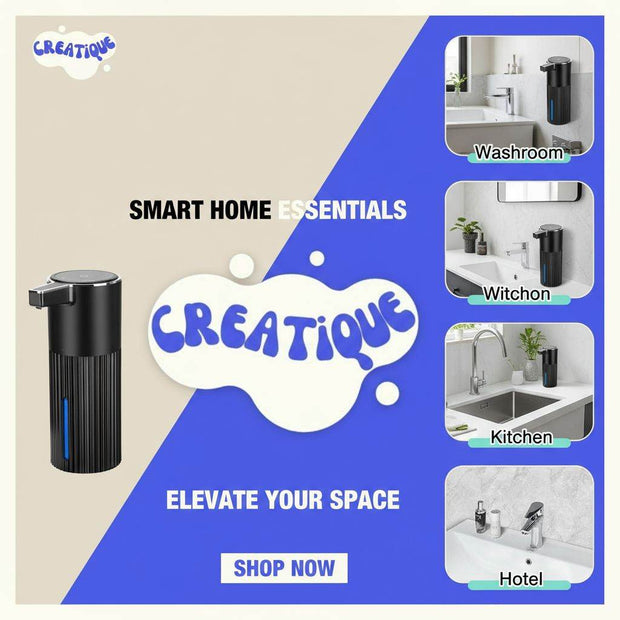 Automatic Soap Dispenser Foaming Touchless: 14Oz Plastic - 4 Level Adjustable Wall Mount Foam Black Rechargeable Electric Auto Smart Soap Dispenser - Bathroom Kitchen Hand Dish Lotion - Creatique