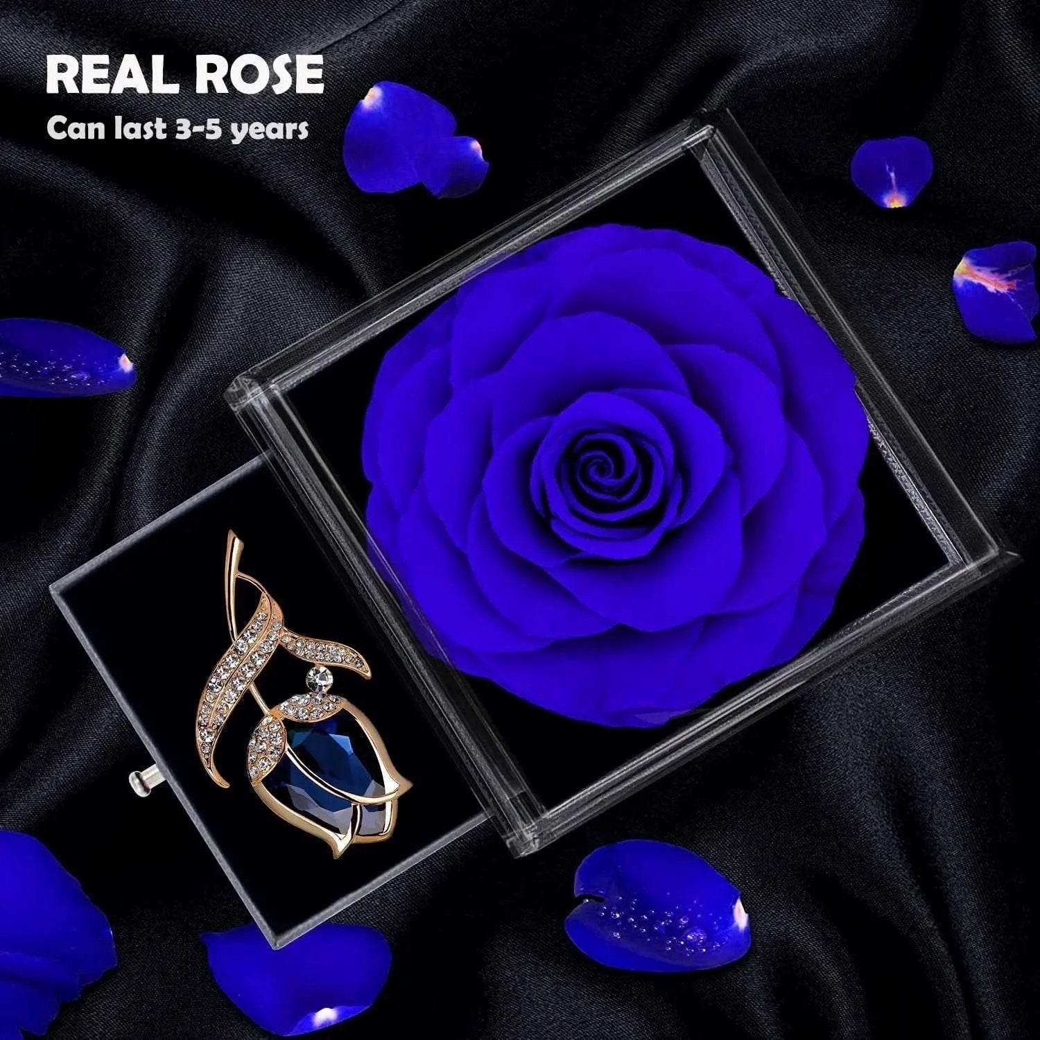 Preserved Rose Gift Enchanted Real Blue Rose with Sapphire Brooch, Eternal Flower Rose, Handmade Rose in Box with Pin, Forever Blue Rose Gift for Her on Mother'S Day, Birthday. - Creatique