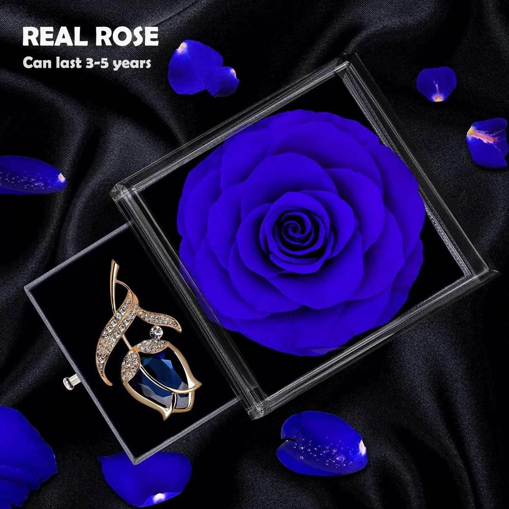 Preserved Rose Gift Enchanted Real Blue Rose with Sapphire Brooch, Eternal Flower Rose, Handmade Rose in Box with Pin, Forever Blue Rose Gift for Her on Mother'S Day, Birthday. - Creatique