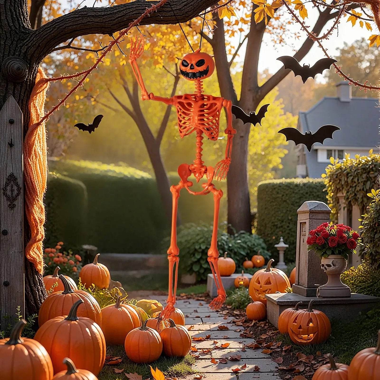 5.2 FT Poseable Halloween Skeleton Life-Size Decoration with Pumpkin Head Orange - Creatique