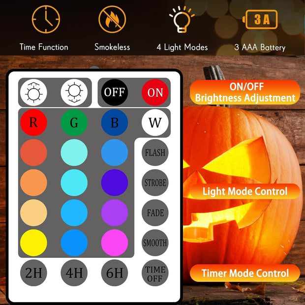 Halloween Pumpkin Lights with Timer Remote, Battery Operated RGB Pumpkin Lights Flickering Flameless LED Candles Halloween Decor Jack-O-Lantern Decorations - Creatique