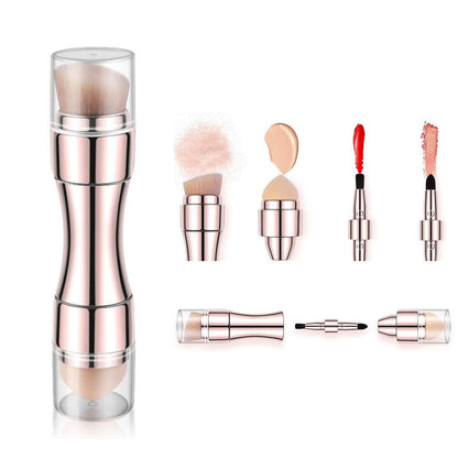 Compact 4-in-1 beauty brush with protective case for on-the-go makeup application