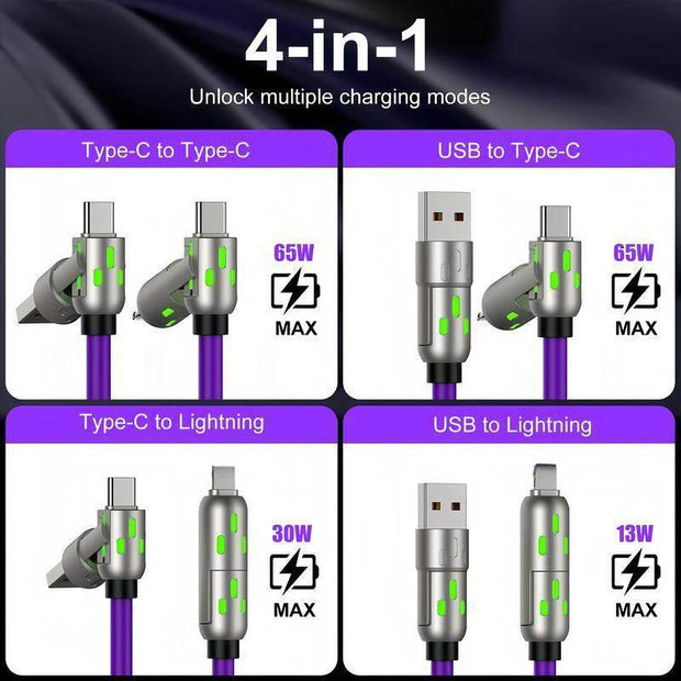 [Buy 1 Get 1 Free] 6.6FT 4-In-1 USB-C Cable PD Fast Charging Data Sync USB-A Type-C Lightning Aluminum Compatible Cellphone Smartphone Electronic Charger - Creatique