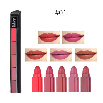 5-piece matte lipstick kit demonstrating rich pigmented color swatches