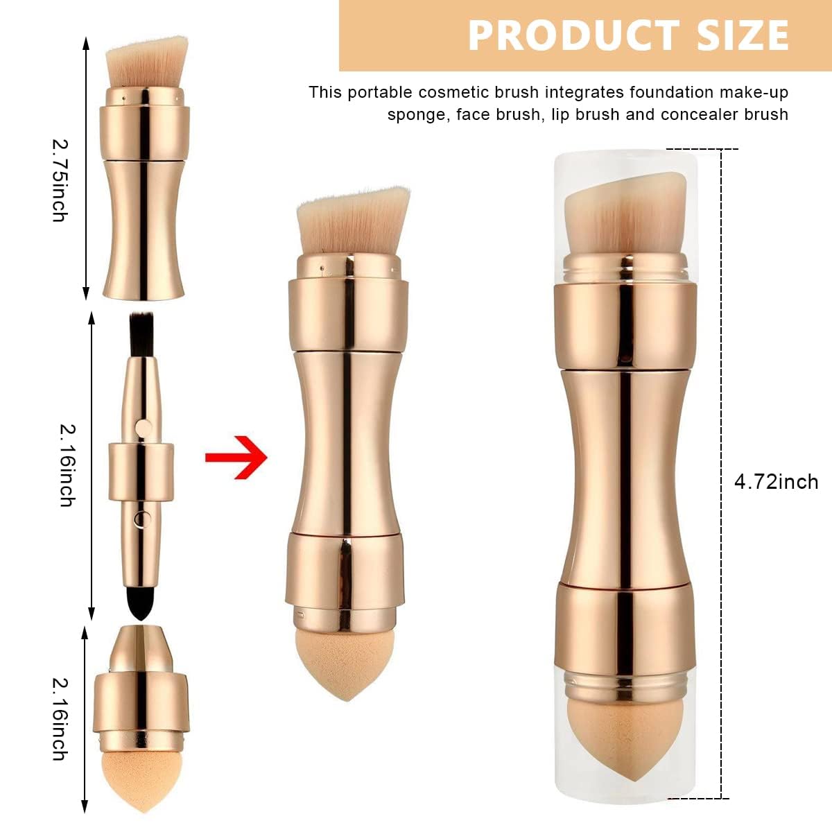 Multi-purpose makeup brush demonstrating 4 interchangeable brush head options