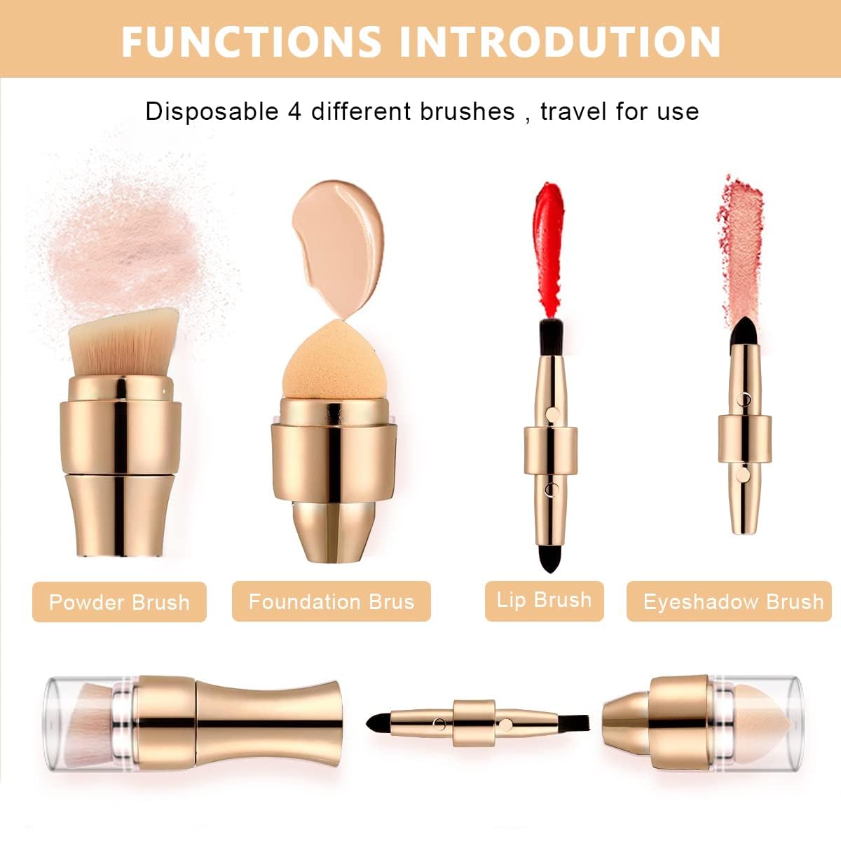Travel-friendly 4-in-1 cosmetic brush with eyeshadow lip and blush applicators