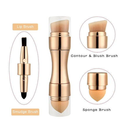 Portable makeup brush set showing 4 different brush heads in compact design