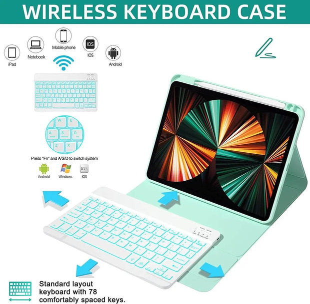 Ipad Keyboard Case for Ipad Air 5Th/4Th Gen 2022/2020 10.9 Inch - Pro 11 4Th 3Rd 2Nd 1St Gen 2022/2021/2020/2018, Detachable BT Backlit Magnetic Keyboard, Built-In Pencil Holder, Smart Cover (Green） - Creatique