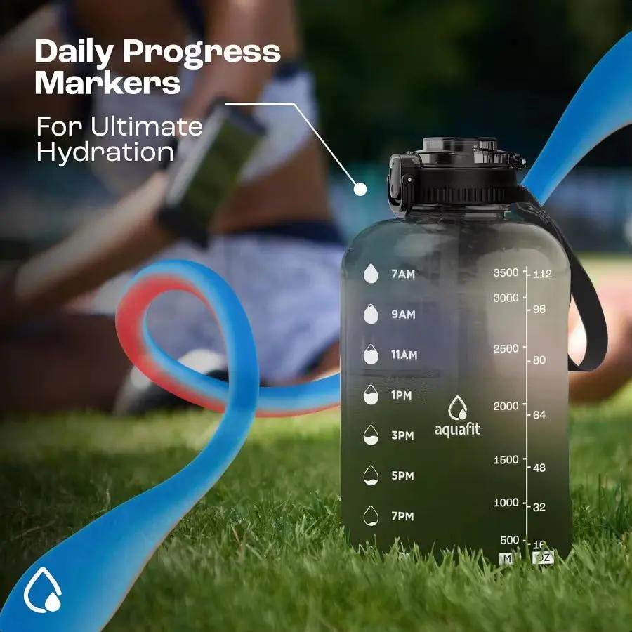 128 Oz BPA Free 1 Gallon Water Bottle with Time Marker & 2-in-1 Straw Chug Lid - Gray Gym Essential - Creatique