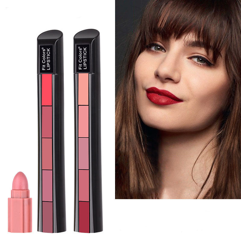 Long-lasting matte lipstick collection showing 5 versatile lip colors