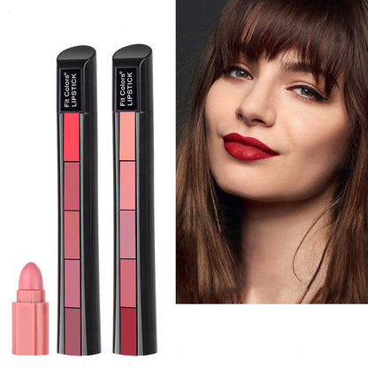 Long-lasting matte lipstick collection showing 5 versatile lip colors
