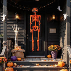 5.2 FT Poseable Halloween Skeleton Life-Size Decoration with Pumpkin Head Orange - Creatique