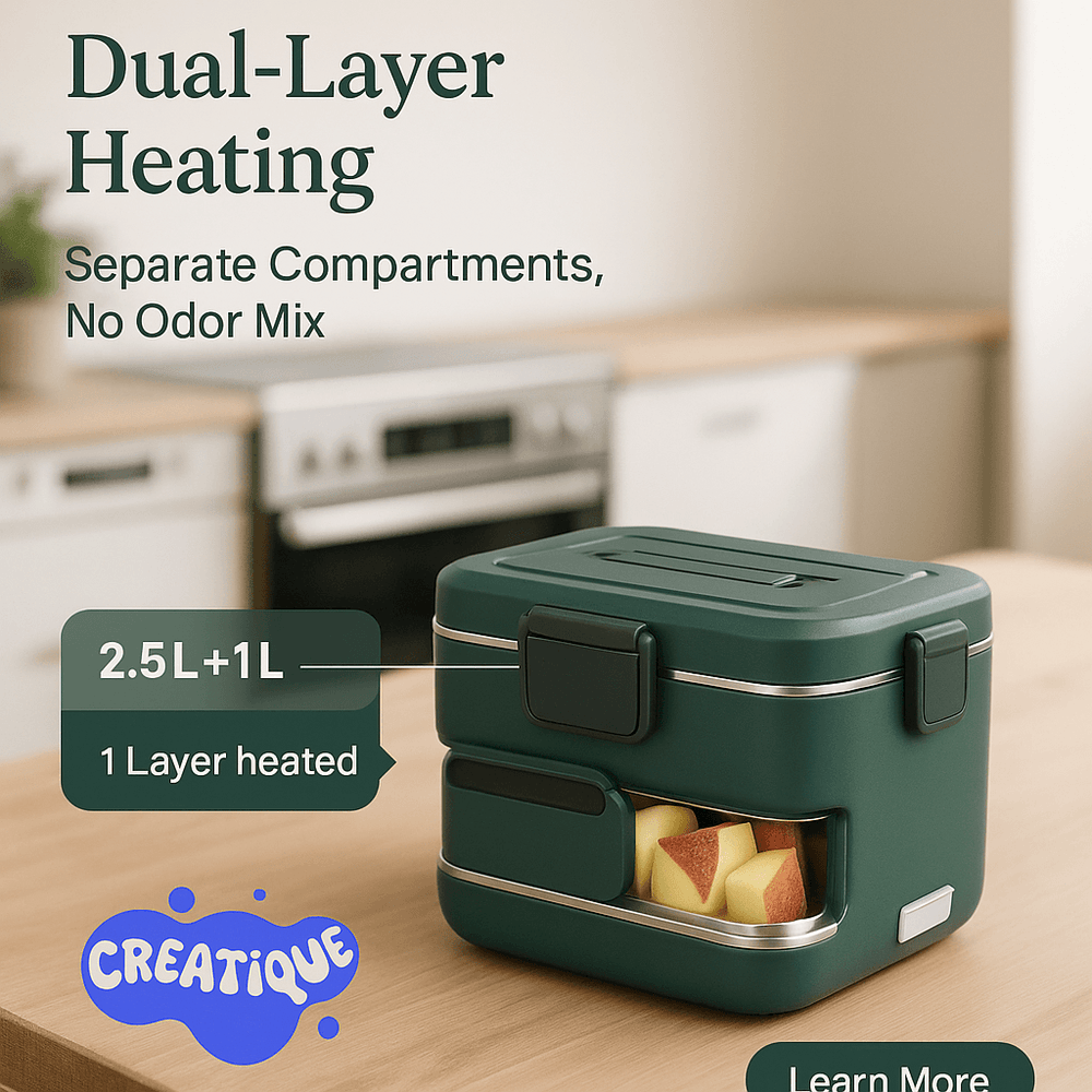 Electric Lunch Box for Adults – 3.5L Dual-Layer Portable Food Warmer for Car, Truck & Work - Creatique