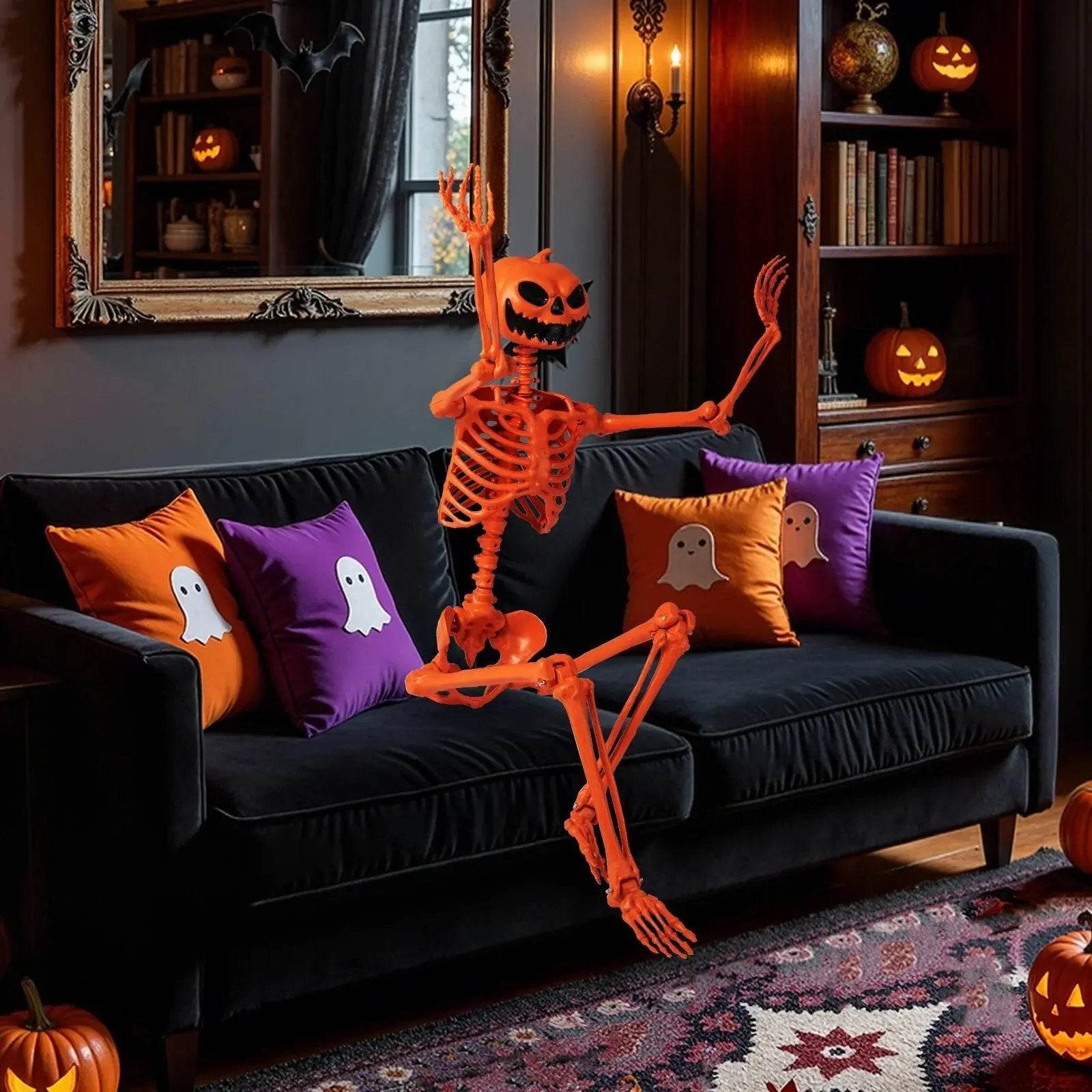 5.2 FT Poseable Halloween Skeleton Life-Size Decoration with Pumpkin Head Orange - Creatique