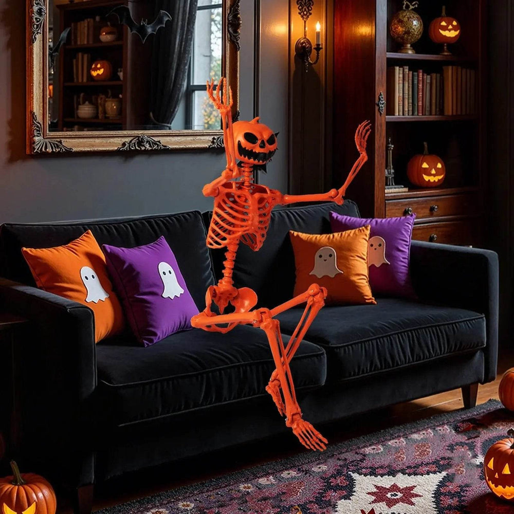 5.2 FT Poseable Halloween Skeleton Life-Size Decoration with Pumpkin Head Orange - Creatique