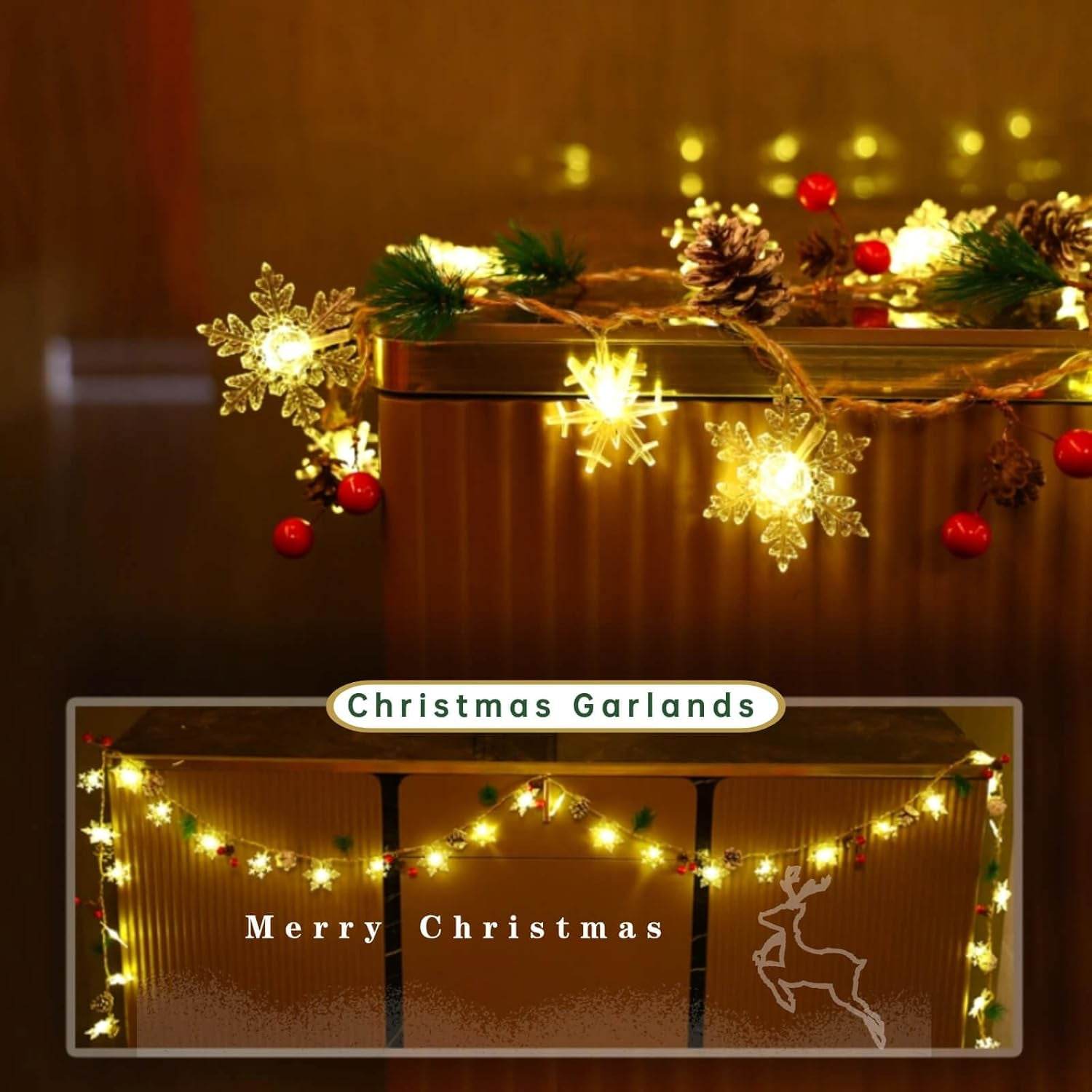 30 LED 10FT Christmas Garland Snowflake Lights – Warm White Festive Decor for Indoors & Outdoors - Creatique