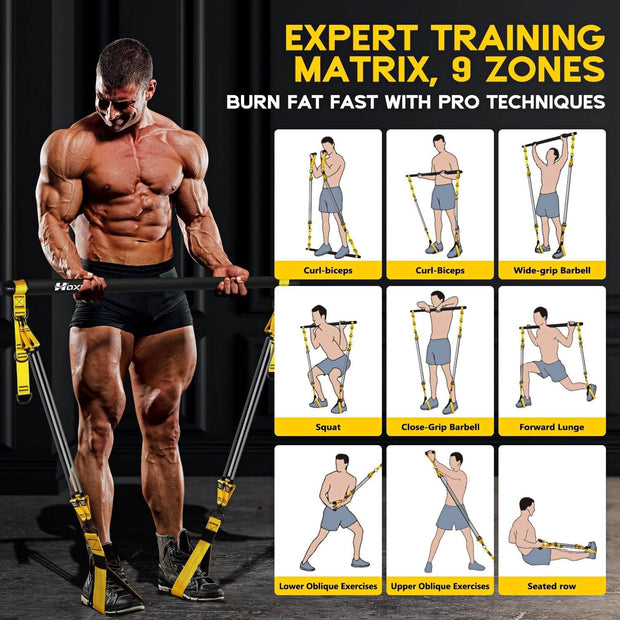 Pilates Equipment, Portable Pilates Bar Kit with Resistance Bands, Professional Adjustable Heavy Duty Squat Workout Equipment for Men, Home Gym Muscle Strength Training, Full Body Exercise - Creatique