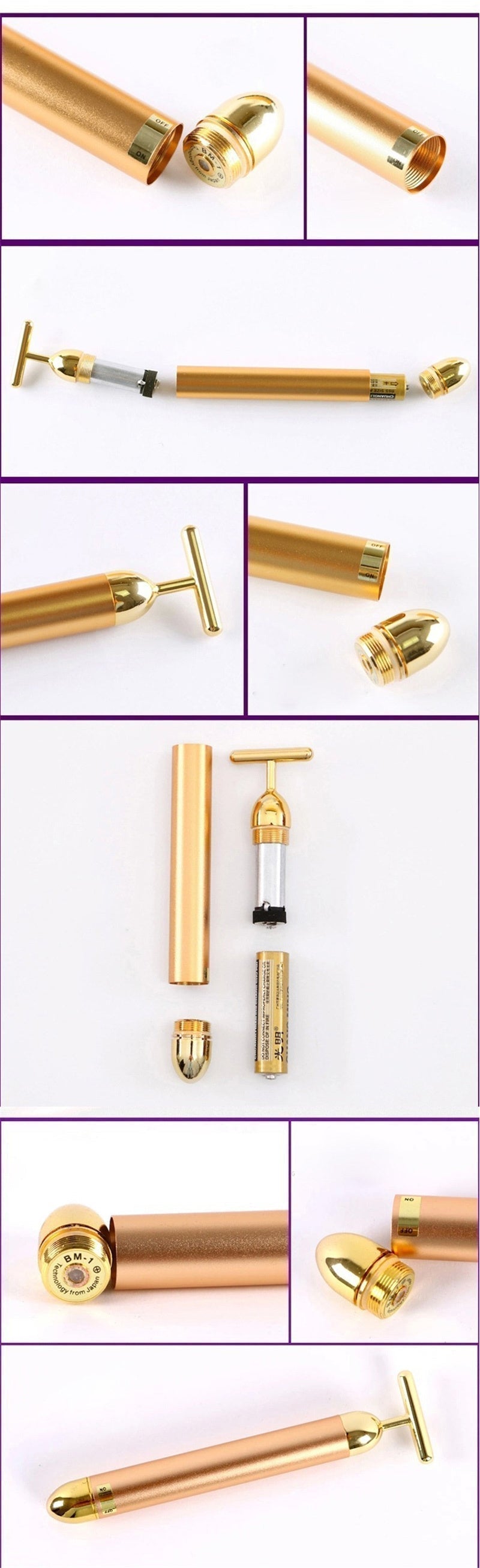Rechargeable face massager with gold-plated head for improved circulation