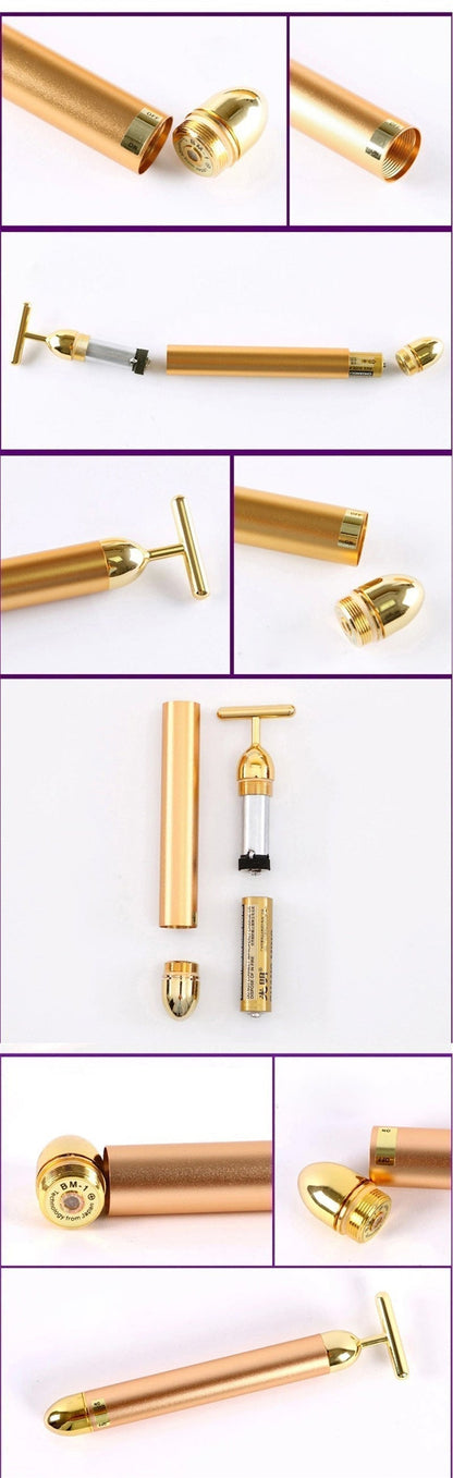 Rechargeable face massager with gold-plated head for improved circulation