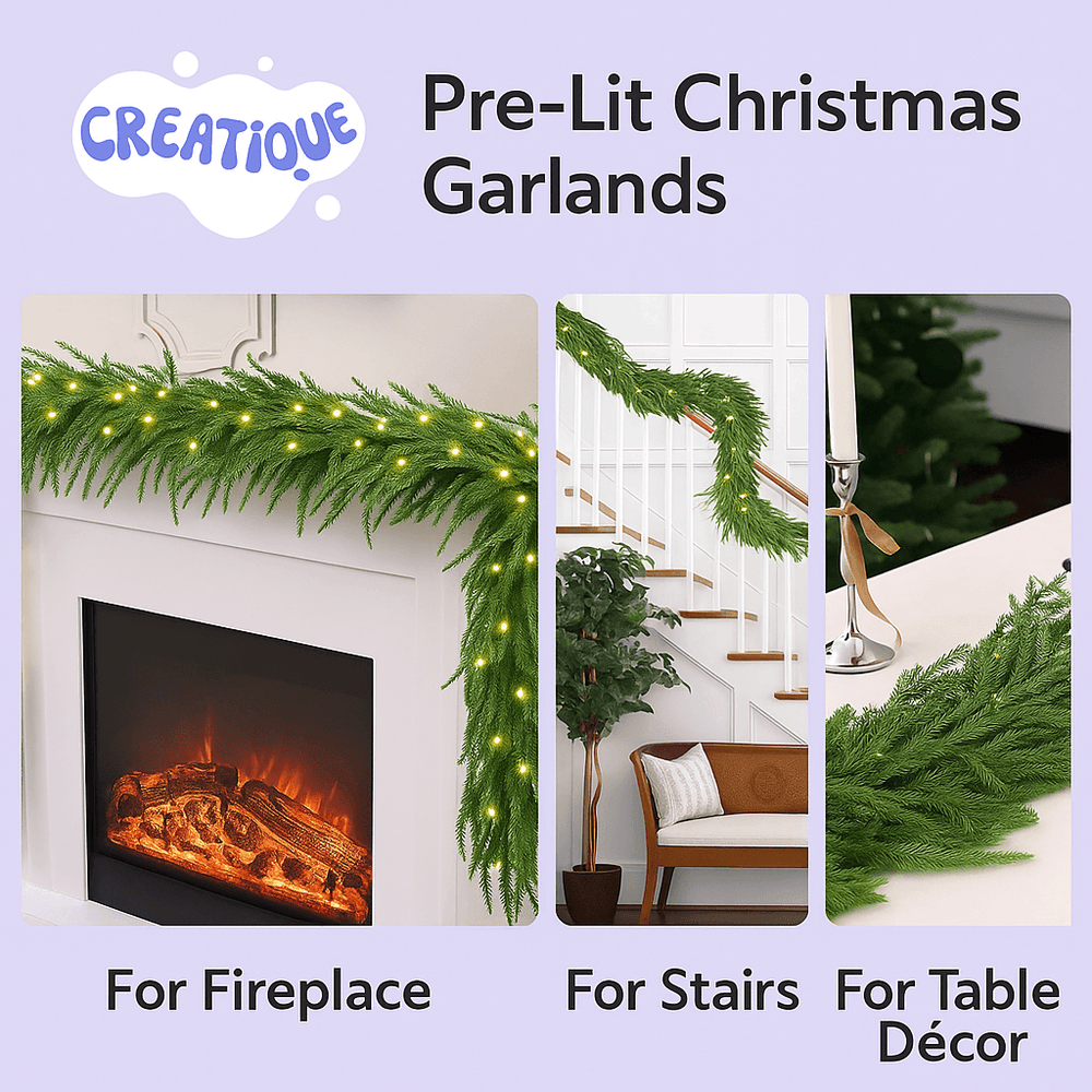Festive Pine Garland with Lights – Realistic Artificial Pine Garland for Effortless Holiday Décor - Creatique