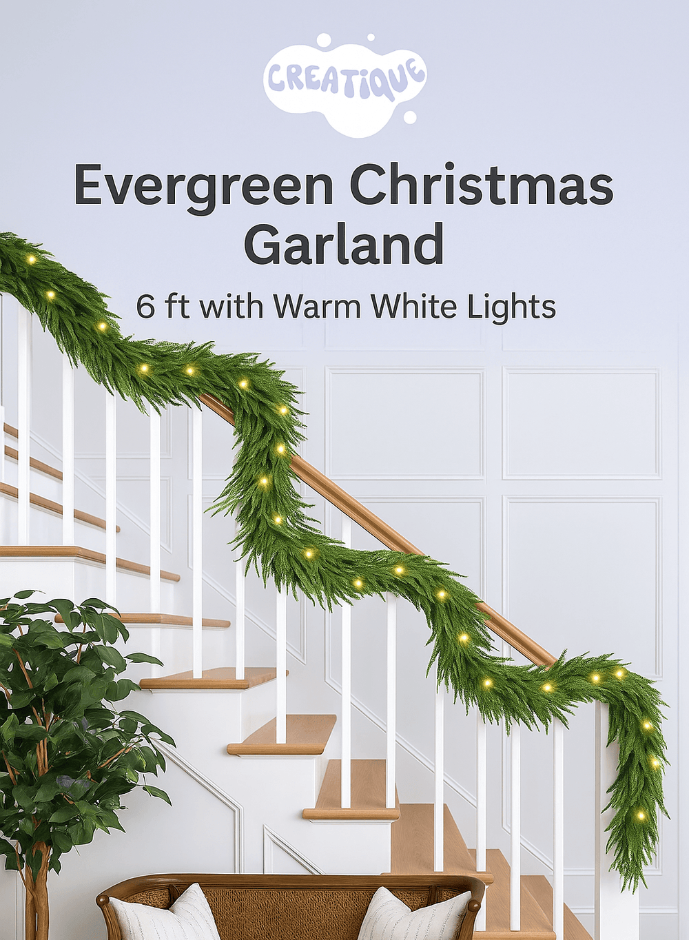 Festive Pine Garland with Lights – Realistic Artificial Pine Garland for Effortless Holiday Décor - Creatique