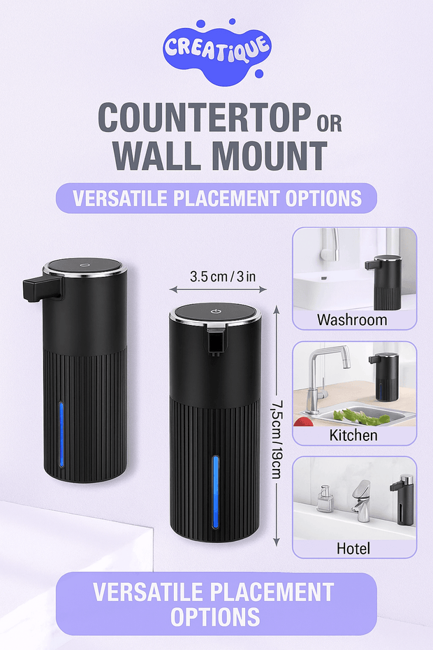 Automatic Soap Dispenser Foaming Touchless: 14Oz Plastic - 4 Level Adjustable Wall Mount Foam Black Rechargeable Electric Auto Smart Soap Dispenser - Bathroom Kitchen Hand Dish Lotion - Creatique