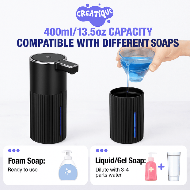 Automatic Soap Dispenser Foaming Touchless: 14Oz Plastic - 4 Level Adjustable Wall Mount Foam Black Rechargeable Electric Auto Smart Soap Dispenser - Bathroom Kitchen Hand Dish Lotion - Creatique